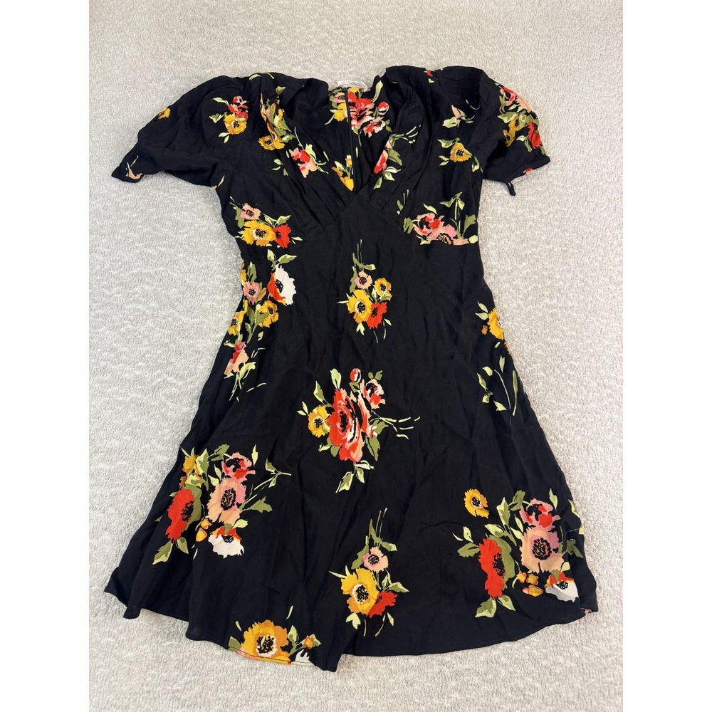 Free People Dress Womens 8 Black Floral V-Neck Puff Sleeve A-Line Mini Boho